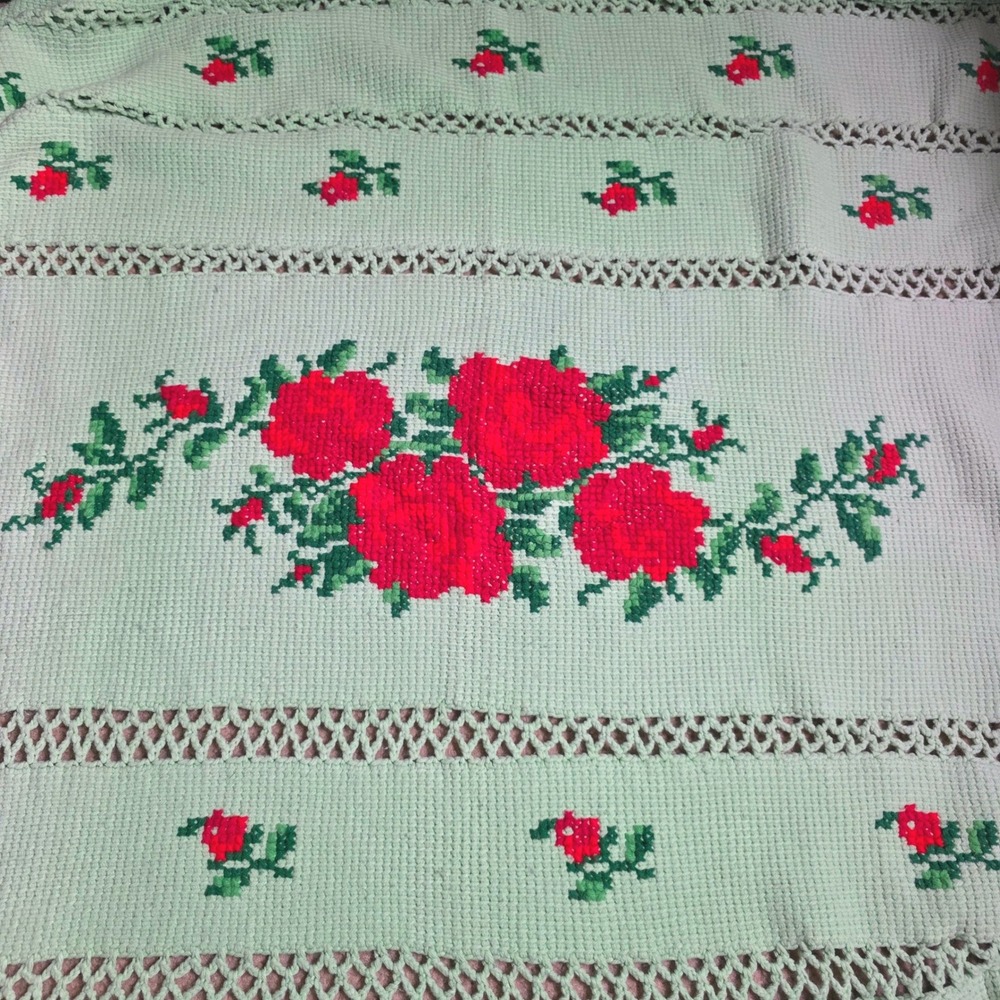Handmade Afghan Throw Blanket Mint Green Red Rose Cross Stitch Fringe 60x71
